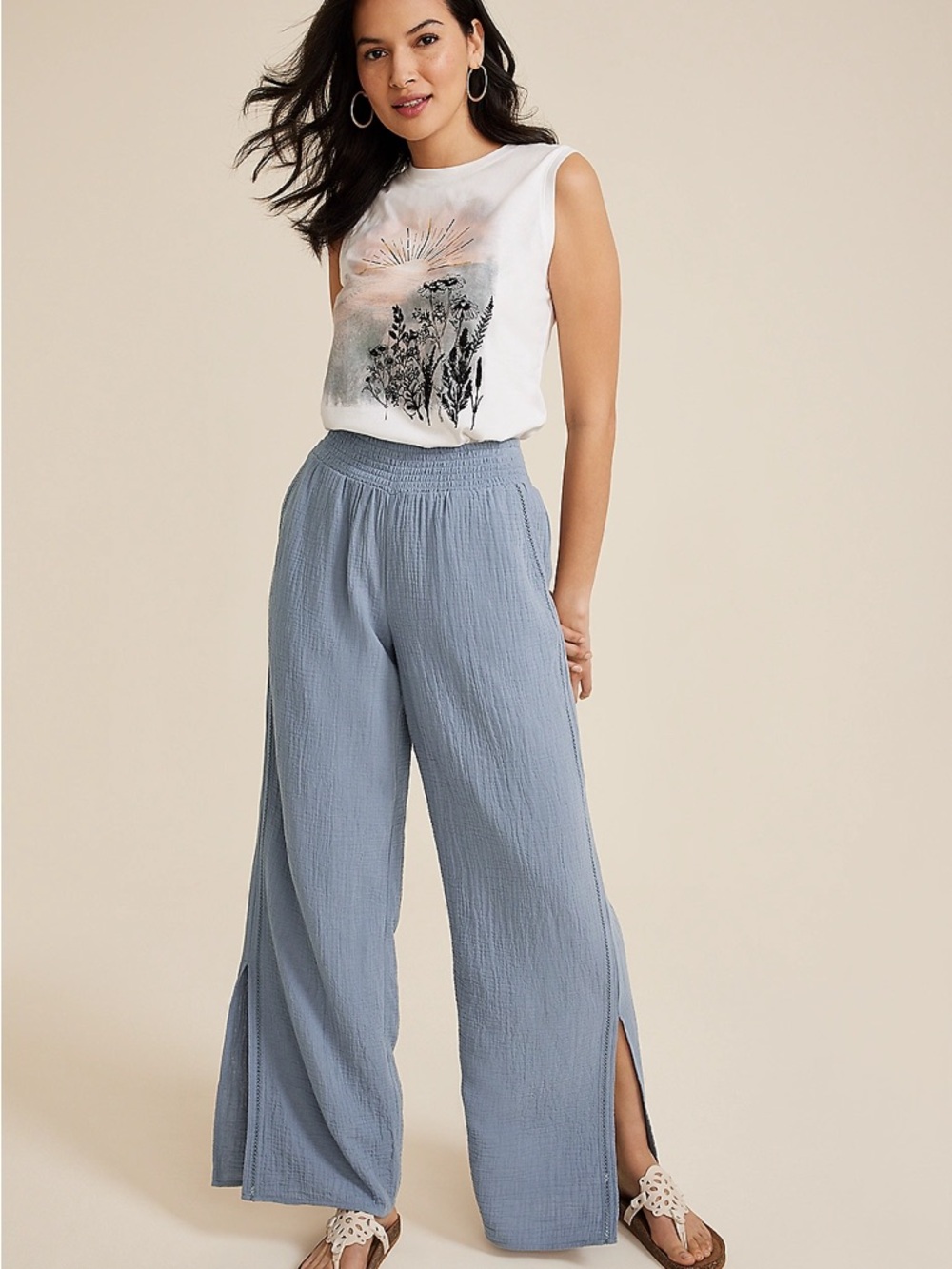 Maurices Dusty Blue Wide-Leg Split-Hem Smocked Pants